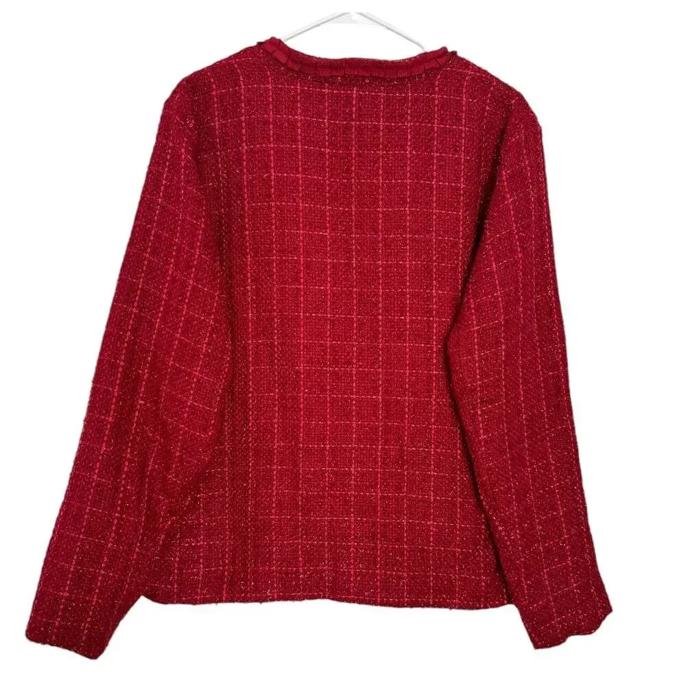NWT WinterSilks red silk Multi Woven tweed collarless blazer coat size XL